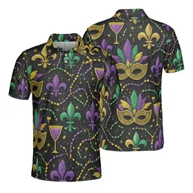 Mardi Gras Masks, Purple Cocktails, Fleur-de-Lis, Gold Green Beads Sublimation Pattern Men's Polo Shirt (Lightweight)