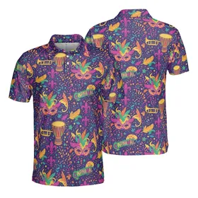Carnival Masks Feathers Drums Maracas Trumpets Fleur-De-Lis Sublimation Fabric Pattern Men's Polo Shirt (Lightweight)