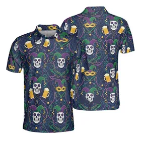 Skull Jester Hat Masquerade Beer Mug Purple Green Gold Ribbon Sphere Textile Pattern Men's Polo Shirt (Lightweight)