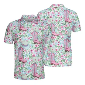 Western Floral Pattern: Pink Blue Boots Hats Daisy Seamless Full Coverage Print Men's Polo Shirt (Lightweight)