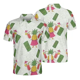 Legged Pineapple Cocktail Tiki Mug Pattern: Etched Tropical Leaves Hibiscus Fabric Men's Polo Shirt (Lightweight)