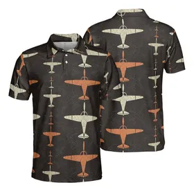Aviation Propeller Aircraft Cream Red-Orange Faded Beige Dark Brown Black Mottled Design Men's Polo Shirt (Lightweight)