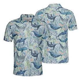 Humpback Orca Sperm Blue Whale Watercolor Aquatic Plant Mosaic Fabric Print in Teal Grey Beige Men's Polo Shirt (Lightweight)