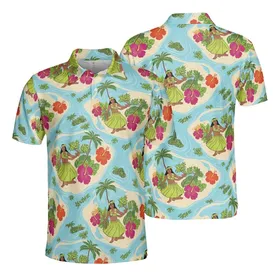 Polynesian Hula Women Ukulele Players Palm Beach Waterscape Seamless Print Men's Polo Shirt (Lightweight)