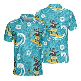 Surfing Black Cat & Ocean Wave Pattern with Hibiscus Flowers, Tropical Fish Men's Polo Shirt (Lightweight)