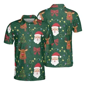 Santa Claus Reindeer Christmas Tree Red Plaid Bows Colorful Lights Textile Print Men's Polo Shirt (Lightweight)