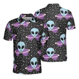 Alien Planet Light Blue Alien Heads Purple Planets Detailed Galaxy Edge-to-Edge Polo Men's Polo Shirt (Lightweight)
