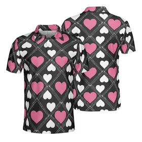 High Contrast Staggered Heart Grid Deep Black Pink White Tiny Dots Seamless Pattern Men's Polo Shirt (Lightweight)