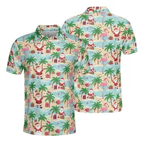 Santa Snowman Flamingo Polo: Tropical Beach Ocean Christmas High Contrast Scene Men's Polo Shirt (Lightweight)