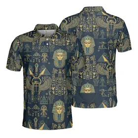 Ancient Egypt Relic Pattern: Tutankhamun Eye of Horus Sphinx Hieroglyphs Navy Gold Men's Polo Shirt (Lightweight)