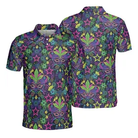Mardi Gras Enthusiast: High Contrast Neon Mask Fleur-de-lis Bead Starburst Polo Men's Polo Shirt (Lightweight)