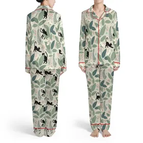 Women's Whimsical Black Cat Botanical Pajama Set: Sage Floral Silhouette Sleepwear Satin Pajamas Set
