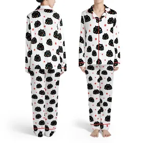 Family Long Sleeve Pajama Set: Whimsical Fluffy Black Cat Christmas Lights & Stars Pattern - Soft Polyester Spandex Sleepwear Satin Pajamas Set