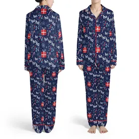 Deep Navy Christmas Ho Ho Ho Gift Box Candy Cane Snowflake Lights Stars & Berries Satin Pajamas Set