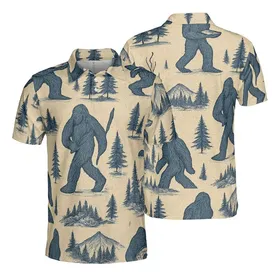 Sasquatch Forest Mountain Evergreen Hunt Feast Tan Dark Blue Indigo Art Men's Polo Shirt (Lightweight)