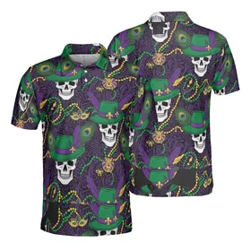 White Skull Green Fedora Gold Fleur-de-lis Peacock Feather Mardi Gras Bead Fabric Pattern Men's Polo Shirt (Lightweight)