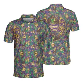 Mardi Gras Dancing Bigfoot Gorilla Jester Hat Mask Musical Instrument Fabric Print Men's Polo Shirt (Lightweight)