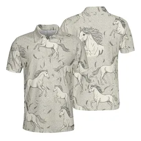 Equestrian Horse Poses Off-White Black Charcoal Wheat Stalks Grains Fabric Motif Men's Polo Shirt (Lightweight)