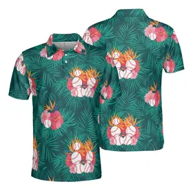Baseball Enthusiast Flaming Baseball Glowing Streak Hibiscus Palm Frond Mosaic Design Men's Polo Shirt (Lightweight)