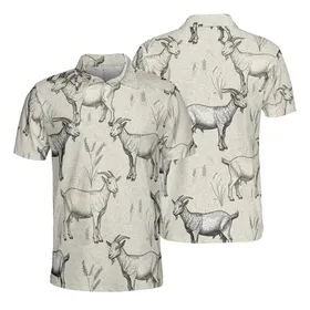 Sporty Goat Fancier: Etching Domestic Goats, Wheat & Grass Sublimation Print Men's Polo Shirt (Lightweight)