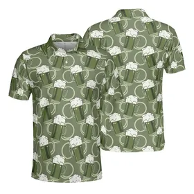 Olive Green Frothy Beer Mugs & Intertwined Rings Seamless Sporty Fabric Print Men's Polo Shirt (Lightweight)