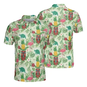 Sporty Tiki Mask Flamingo Pineapple Sea Turtle Palm Frond Hibiscus Cream Mosaic Pattern Men's Polo Shirt (Lightweight)