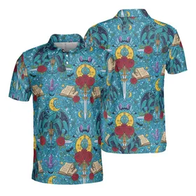 Teal Dragon, Ancient Book, Sword, Red Rose, Crescent Moon, Witch, Bat, Sun & Crystal Design Men's Polo Shirt (Lightweight)