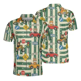 Feline Motorist Fabric Print: Cats Driving Vehicles Road Signs Distressed Sunburst Stars Men's Polo Shirt (Lightweight)