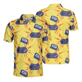 Retro Gamer Blue Controllers Orange Buttons Cartridges Lightning Yellow Mosaic Textile Print Men's Polo Shirt (Lightweight)