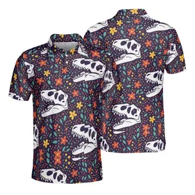 Sporty T-Rex Skull White Orange Yellow Bloom Teal Leaf Red Dot Pattern Design Men's Polo Shirt (Lightweight)