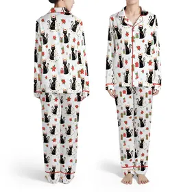Matching Family Christmas Pajamas: Whimsical Black Cat, Poinsettia & Snowflake Design - Soft Poly Spandex Satin Pajamas Set