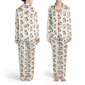 Bulldog Lover Pajamas: Playful Fawn Cartoon Dog All-Over Print Cozy Sleep Set Satin Pajamas Set