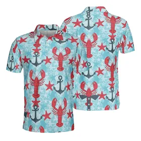 Red Lobster Dark Grey Anchor Starfish Pattern Faded Grey-Blue Stars Light Blue Distressed Textile Men's Polo Shirt (Lightweight)