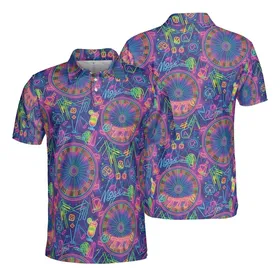 High Contrast Neon Casino Roulette Tables Playing Cards Dice 777 Jackpot Textile Graphic Men's Polo Shirt (Lightweight)
