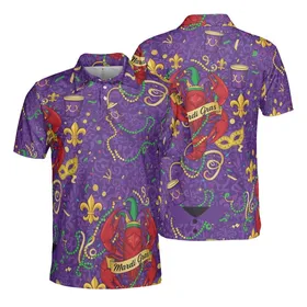 Mardi Gras Crawfish Jester Crown Mask Festive Beads Fleur-De-Lis Fabric Design Men's Polo Shirt (Lightweight)