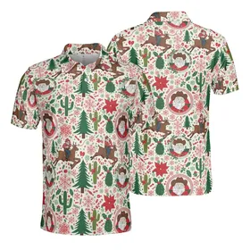 Cowboy Santa Reindeer Lasso Steer Pine Cactus Poinsettia Fabric Pattern Men's Polo Shirt (Lightweight)
