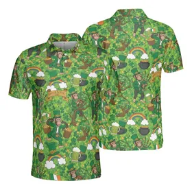 St. Patrick's Day Chimp Leprechaun Irish Flag Gold Coin Shamrock Fabric Print Men's Polo Shirt (Lightweight)