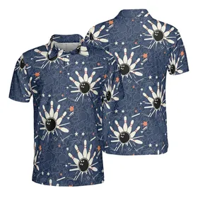 Bowler Sport Motion Pattern: Deep Navy Cream Black White Coral Pin Strike Mosaic Men's Polo Shirt (Lightweight)