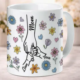 Personalized Mom Holding Hands Black Mug with Kids Names, Custom Floral Mother's Day Gift, 3D Effect Floral Coffee Cup for Mommy