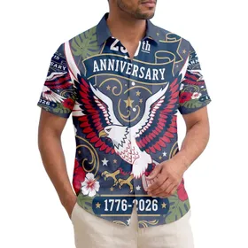 America 250th Eagle: Patriotic Hawaiian Hibiscus 1776-2026 Navy Crimson Gold Stars Short-sleeve Hawaiian Shirt