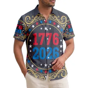 America 250th 1776-2026 Stars Laurel Tropical Scrollwork Motif Deep Charcoal Short-sleeve Hawaiian Shirt