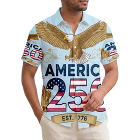 America 250th Birthday Eagle Statue of Liberty 1776 Patriotic Flag Scrollwork Short-sleeve Hawaiian Shirt