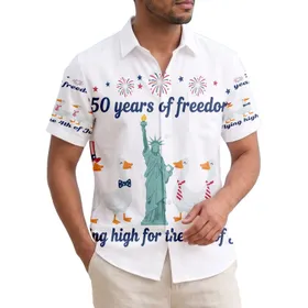 America 250th Birthday Patriotic Geese & Lady Liberty Red White Blue Fireworks Short-sleeve Hawaiian Shirt