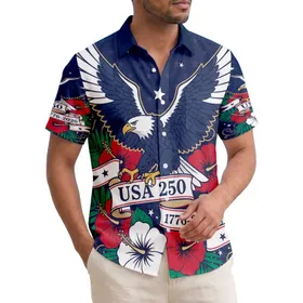 USA 250th Anniversary Bald Eagle Hibiscus Palm Leaf Patriotic Commemorative Short-sleeve Hawaiian Shirt