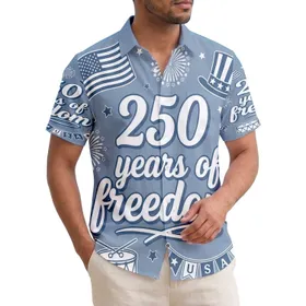 America 250th Anniversary: '250 Years Freedom' Patriotic Hawaiian Denim Blue Icons Short-sleeve Hawaiian Shirt