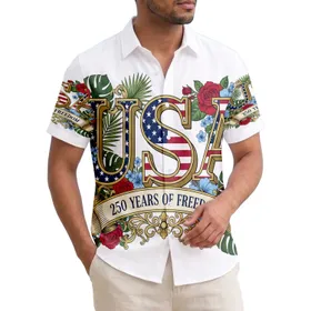 USA 250th Birthday Americana Letters, Crimson Roses, Stars, Gold Freedom Scroll Short-sleeve Hawaiian Shirt