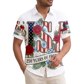 America 250th Birthday USA Ornate Letters Stars Stripes Roses Freedom Banner 1776 Short-sleeve Hawaiian Shirt