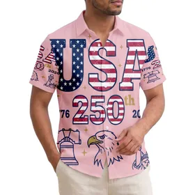 America 250th USA Stars Stripes Tropical Liberty Eagle Statue Design Short-sleeve Hawaiian Shirt