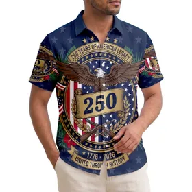 America 250th Anniversary Patriotic Emblem Gold Eagle 1776 US Flag Tropical Leaf Design Short-sleeve Hawaiian Shirt