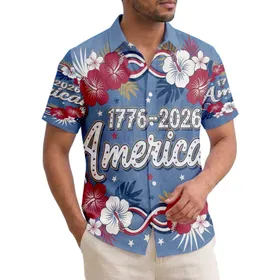 America 250th Semiquincentennial 1776-2026 Hawaiian Patriotic Hibiscus Ribbons Short-sleeve Hawaiian Shirt